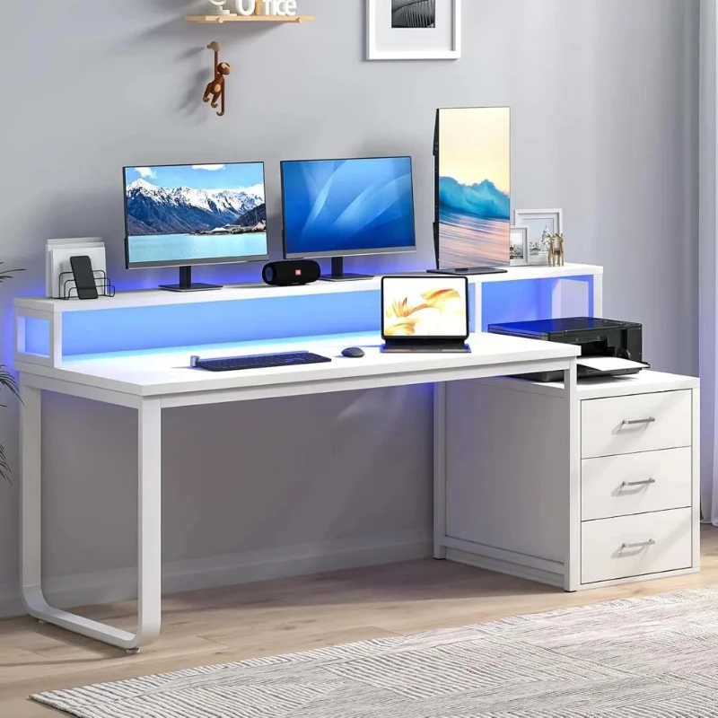 Desk with Drawers,Office Desk with Long Monitor Stand & Printer Shelf,Reversible Computer Desk with LED Lights