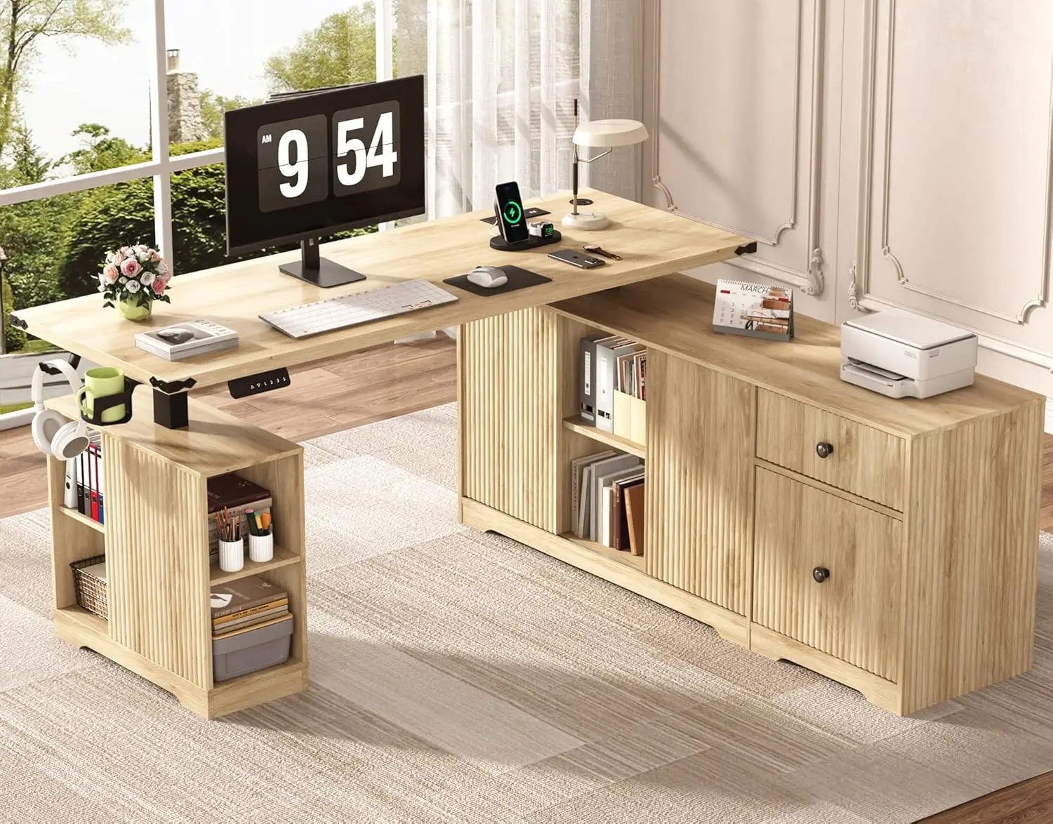 Electric Standing Desk, Executive Standing Desk with File Cabinet, Height Adjustable Sit Stand Desk with Storage Sh