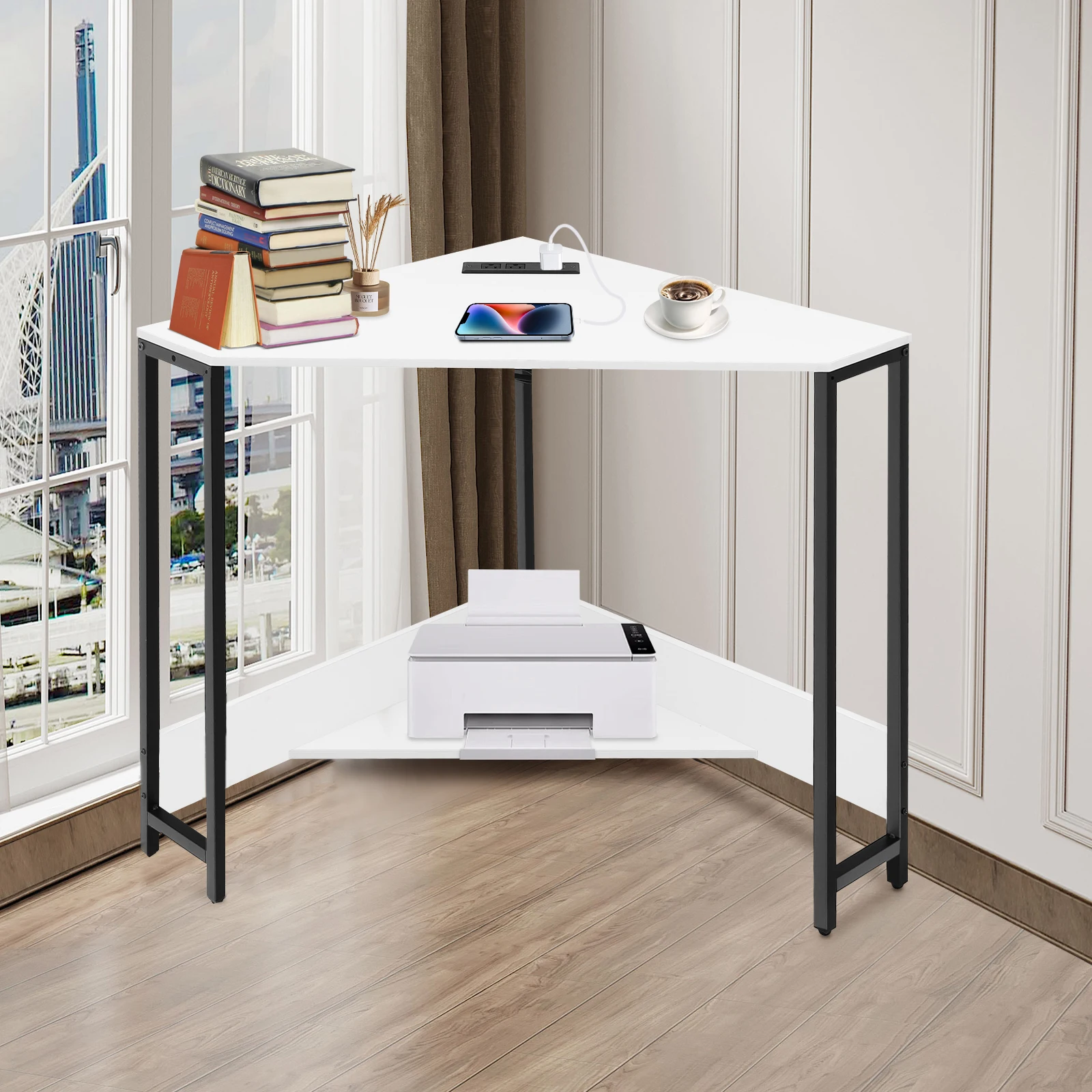 Corner Computer Desk with USB Ports & Power Outlet, Triangle Small Space Industrial Laptop Table for Home Office Makeup Vanity