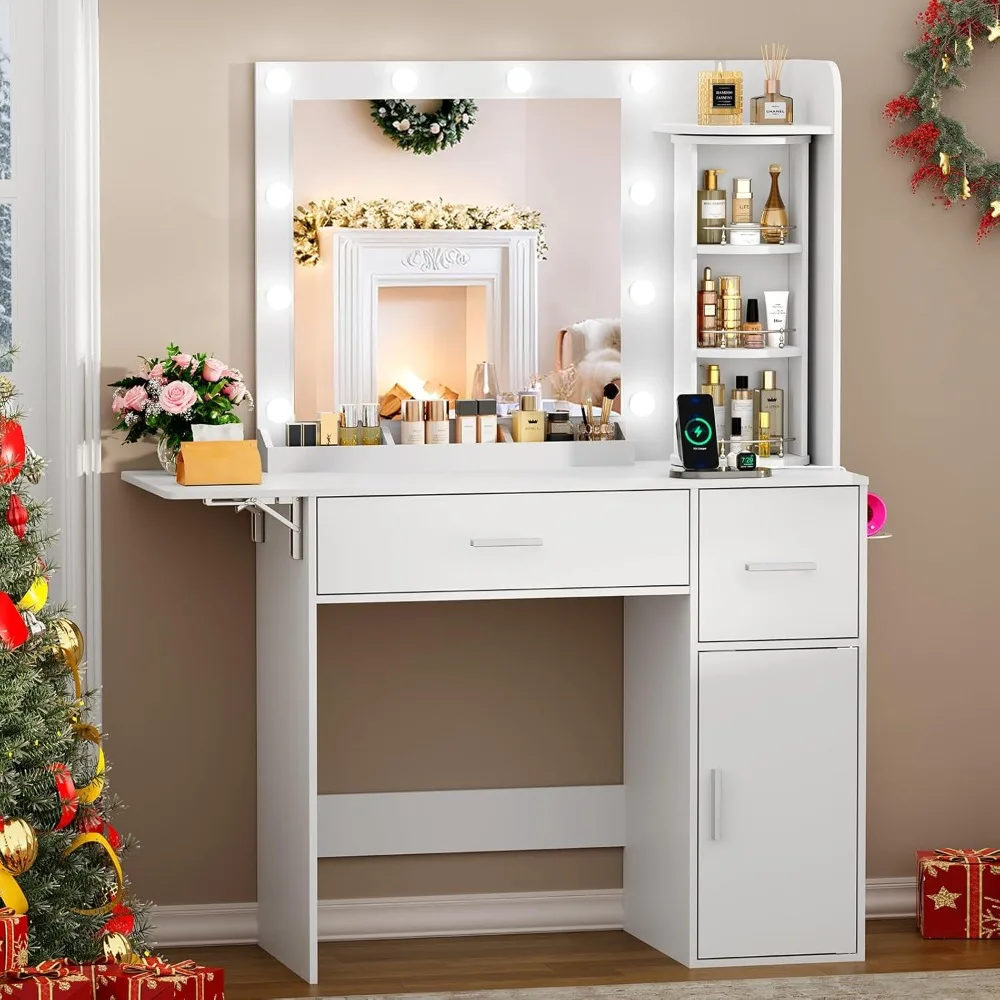 Vanity Desk with Rotating Jewelry Organizers, Makeup Vanity for Girls and Teens, Dressing Table with USB-C Charging, Customized