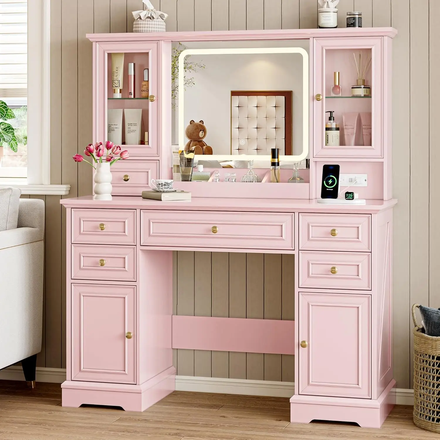 Vanity Desk with Lights, Large LED Mirror with 3 Color Modes, Makeup Vanity with Power Outlet & USB