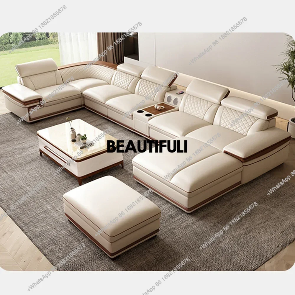 MINGDIBAO Premium Italian Genuine Leather Sofa Set for Living Room with Adjustable Headrests, Bluetooth Speaker, Wireless Charge