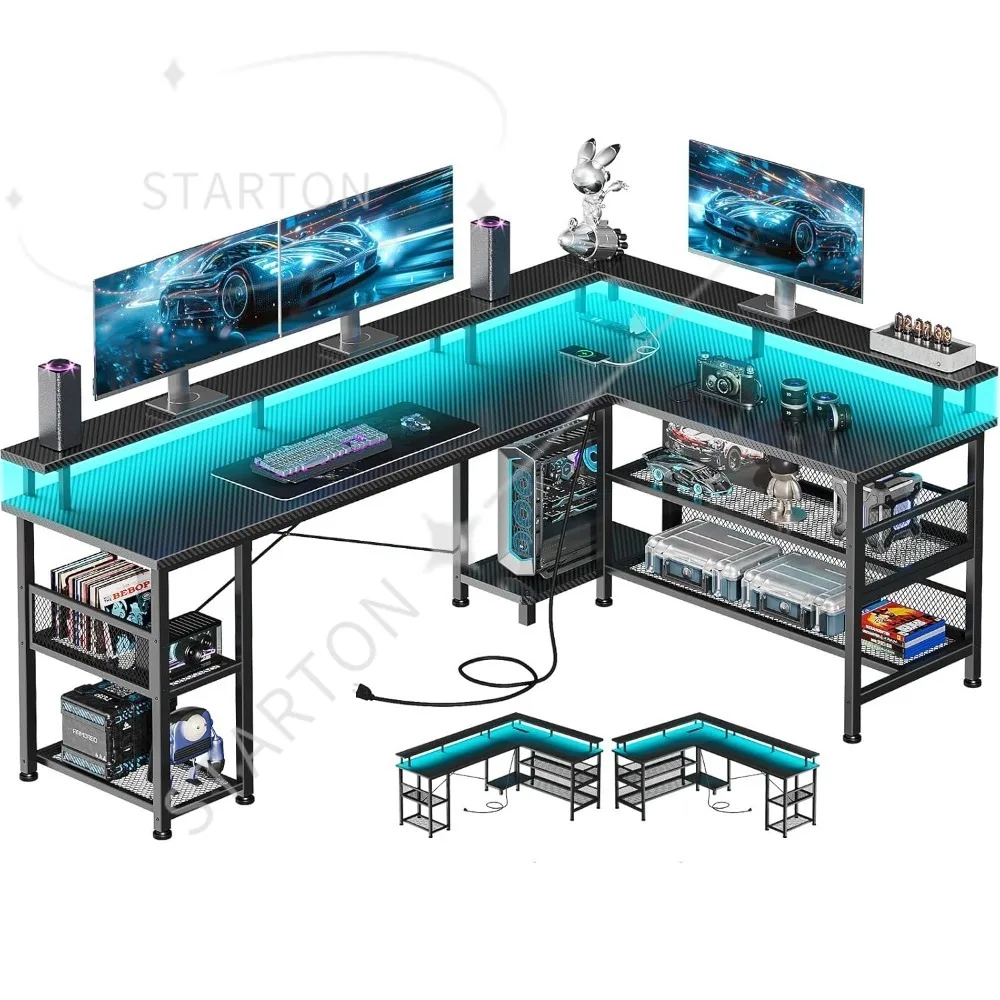 66" L Shaped Gaming Desk with Power Outlet and LED Lights, PC Gaming Table with Carbon Fiber Texture