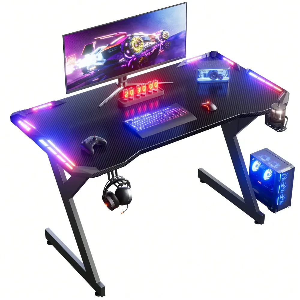 Gaming Desk With LED Lights, Ergonomic Computer Gaming Table With Carbon Fibre Surface, Sturdy PC Workstation Desk For Gaming A