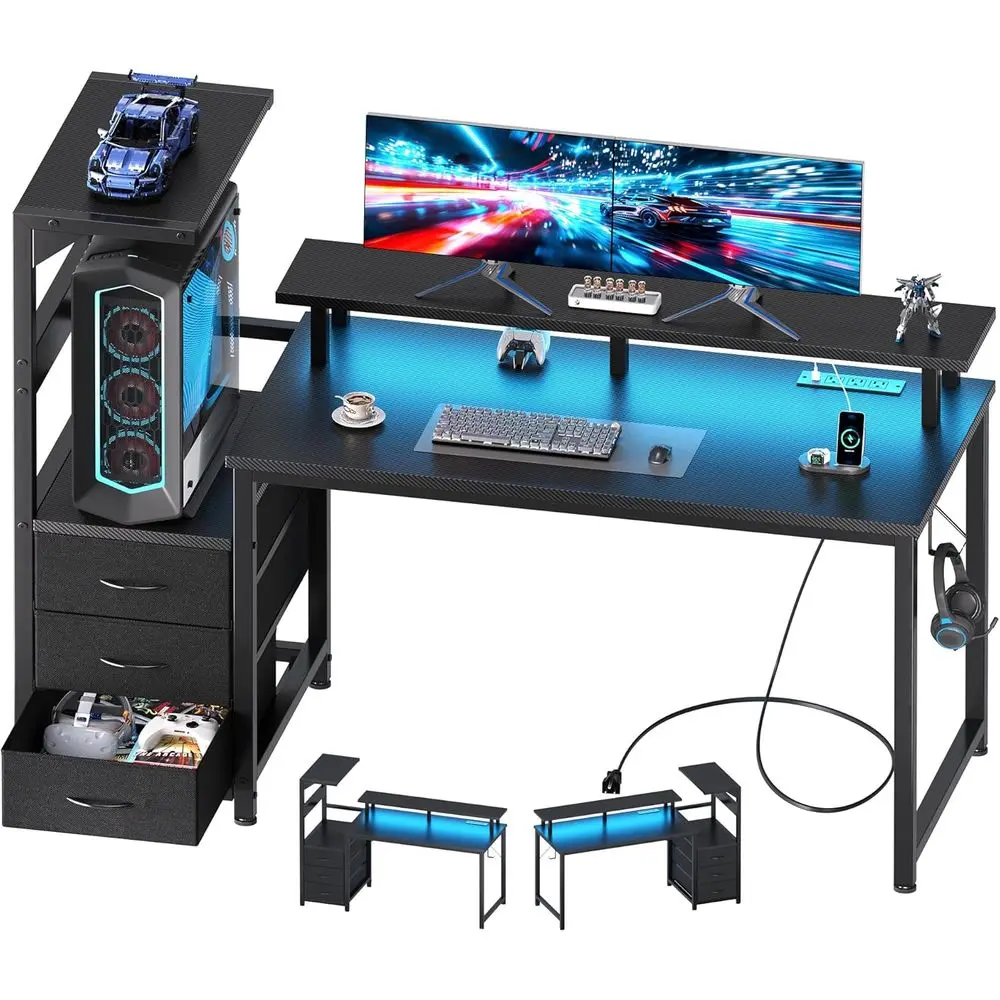 L Shaped Gaming Desk with Shelves Storage Ders 52'', Black Computer Desks with LED Lights Power Outlets, Oice Wood Table with PC
