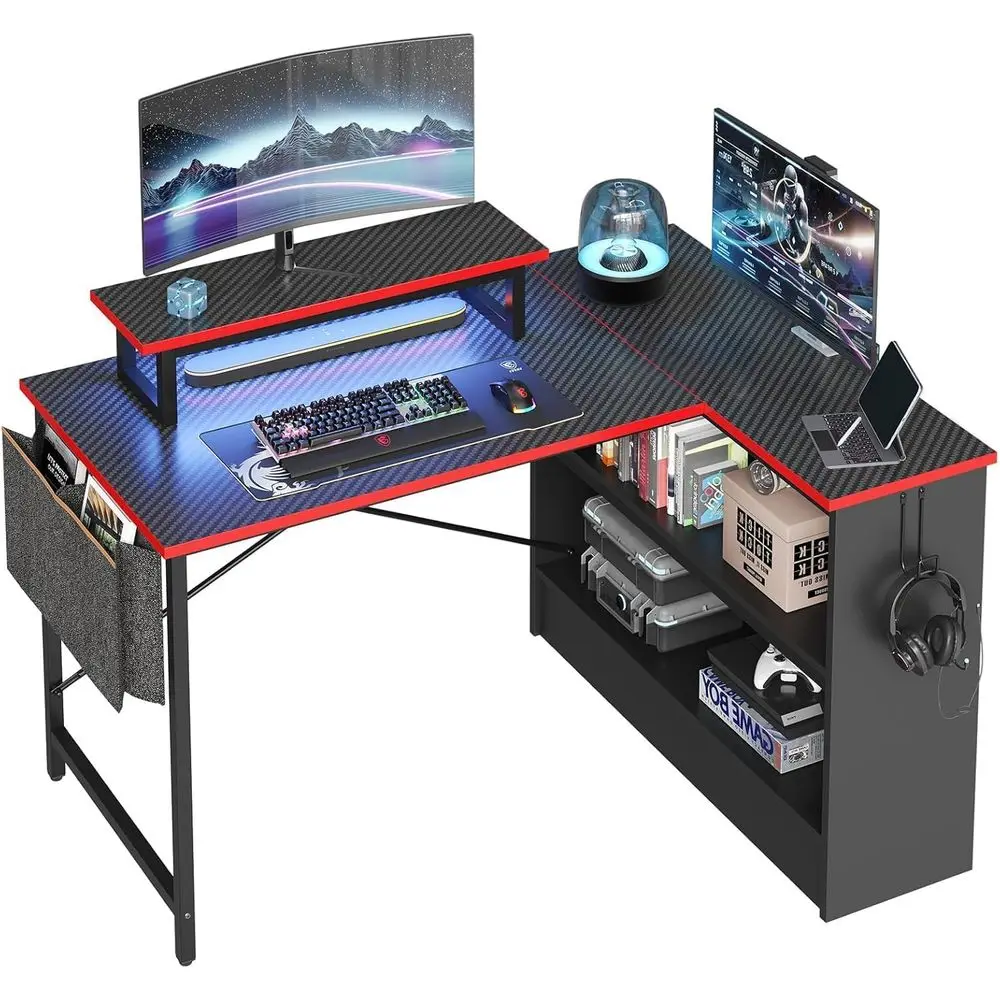 L Shaped Gaming Desk with Storage Shelves, 42 Inch Reversible Computer Desk with LED Lights, PC Gaming Table with Side Storage B