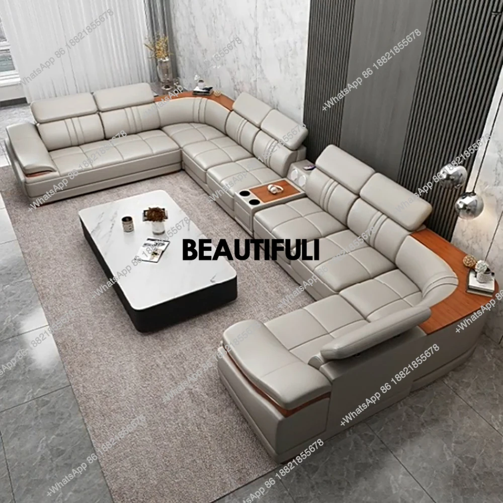 Elegant Leather Sectional Sofas Sets with Cup Holder, Adjustable Headrests & Bluetooth Speaker - MINGDIBAO Living Room Couches