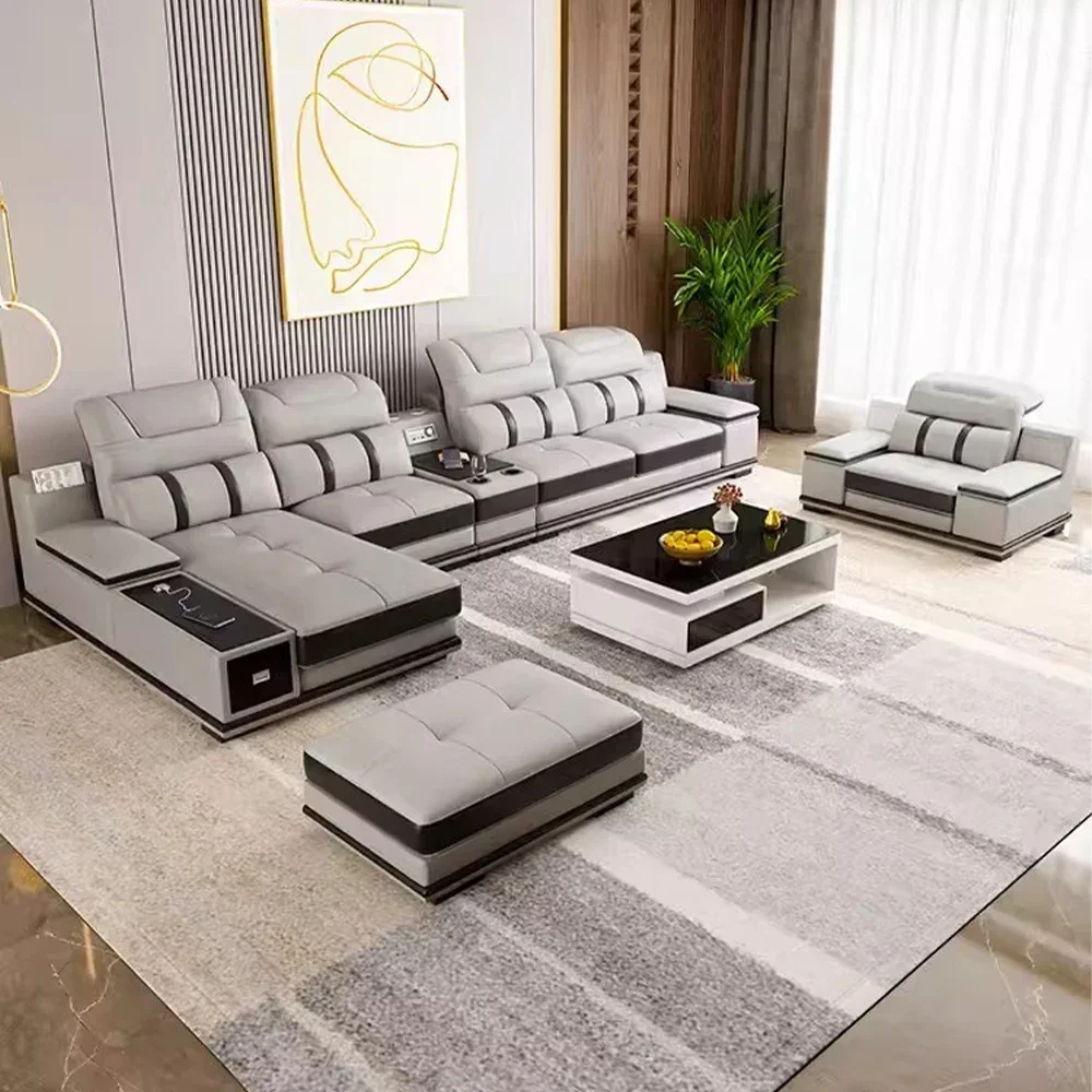 m Modern Genuine Leather Sofa Living - Couch with Bluetooth Speaker USB Adjustable Headrests m