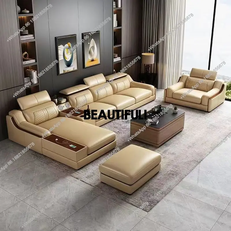 Stylish Italian Genuine Leather Sofa for Living Room with Cup Holder, USB, Adjustable Headrests & Bluetooth Speaker - MINGDIBAO