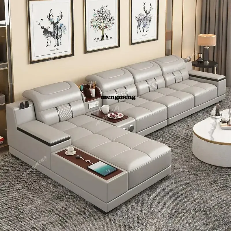 F150 Stylish Italian Genuine Leather Sofa for Living Room with Cup Holder, USB, Adjustable Headrests & Bluetooth Speaker - Lazy