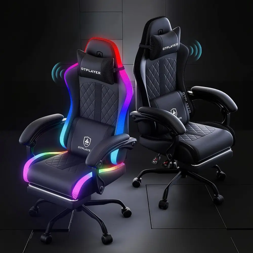 Gaming Chair with Speakers, Reclining Office Chair, LED-lit, High-Back, Adjustable Armrests, Black