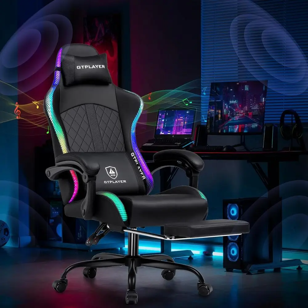 Gaming Chair with Speakers, Reclining Office Chair, LED-lit, High-Back, Adjustable Armrests, Black
