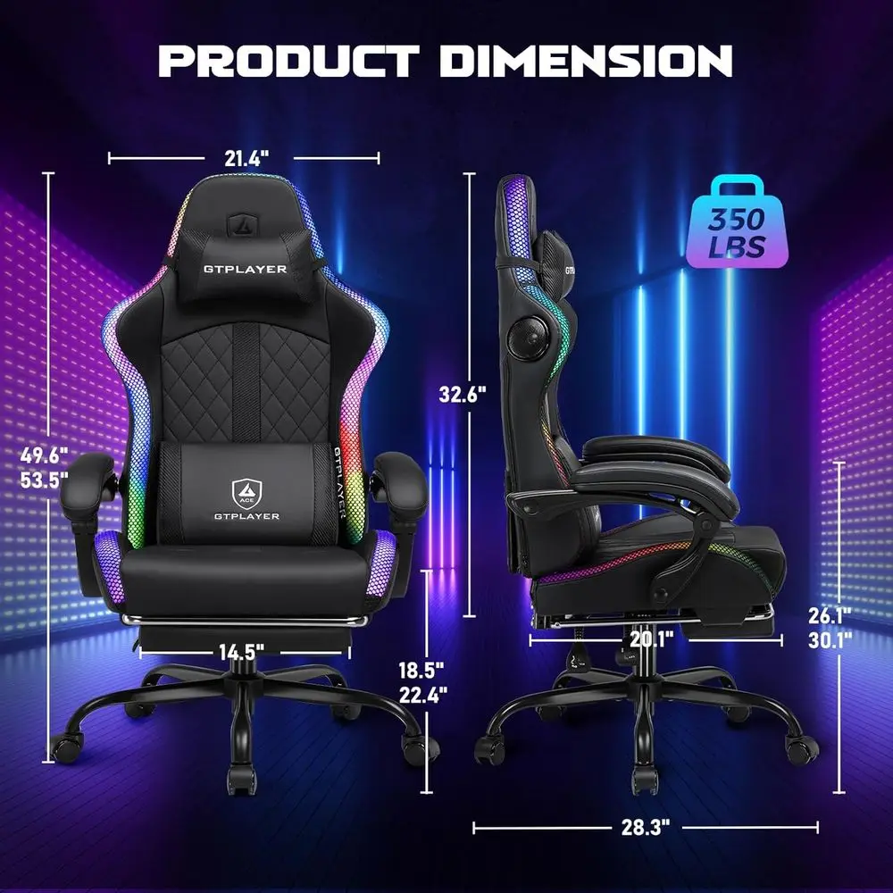 Gaming Chair with Speakers, Reclining Office Chair, LED-lit, High-Back, Adjustable Armrests, Black