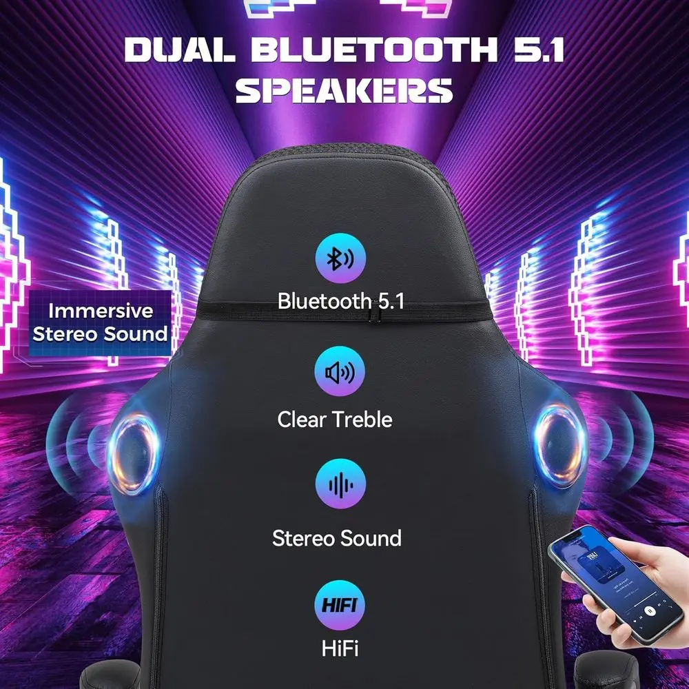 Gaming Chair with Speakers, Reclining Office Chair, LED-lit, High-Back, Adjustable Armrests, Black