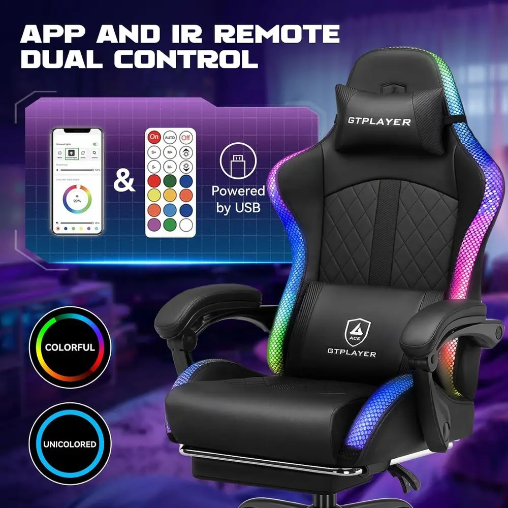 Gaming Chair with Speakers, Reclining Office Chair, LED-lit, High-Back, Adjustable Armrests, Black