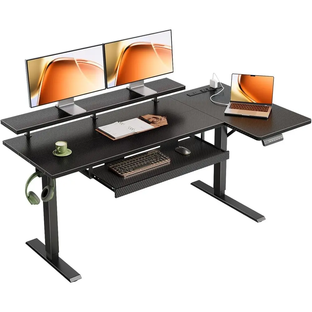 55 L-Shaped Electric Desk with Height-Adjustable Stand, Reversible Keyboard Tray, Ideal for Home or Office, Carbon Fiber Black