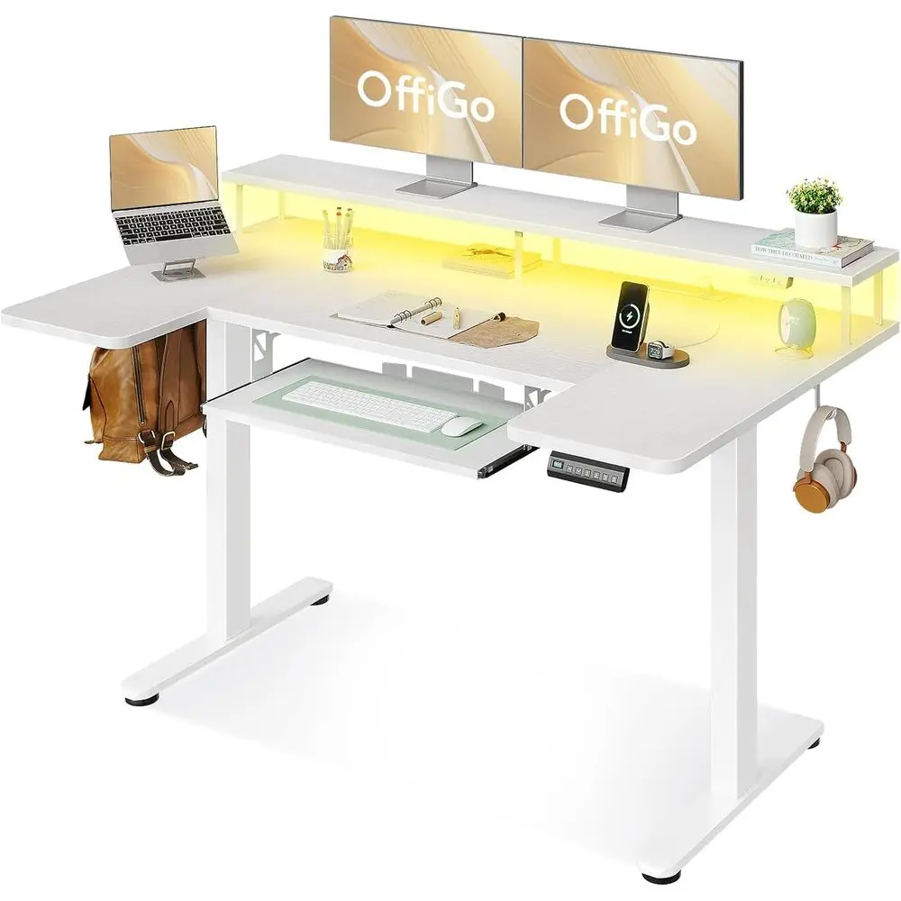 55 Adjustable Electric Desk with Keyboard Tray, Power Outlets, LED Lights, Monitor Stand for Home or Office, White