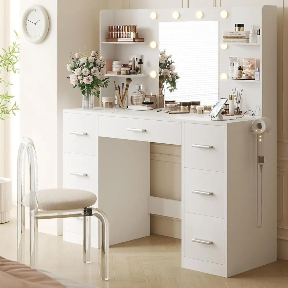 Makeup Vanity Desk with Mirror, Power Outlet, 10 Lights, 7 Drawers, 3 Color Options, White