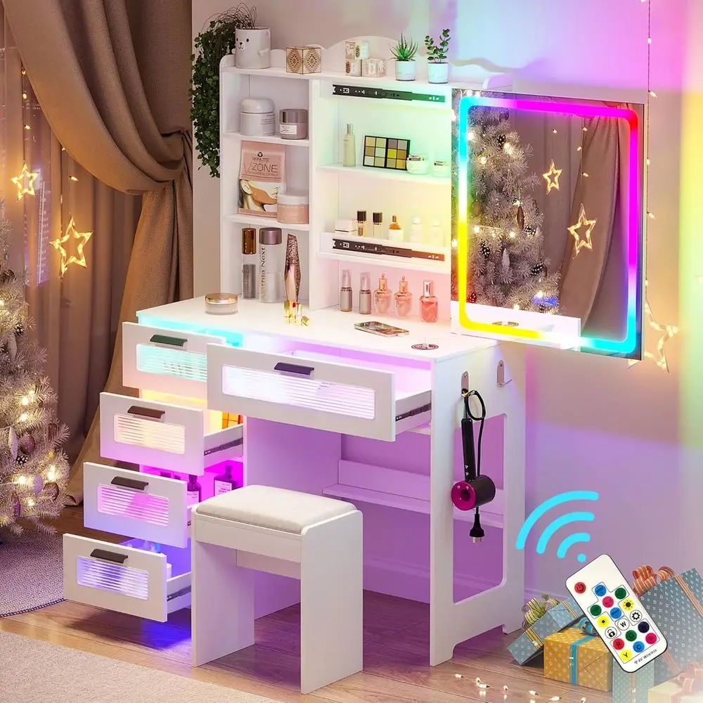 LED Mirror Vanity with 6 Drawers, Charging Station, and RGB Lighting Makeup Table Set for Girls - White