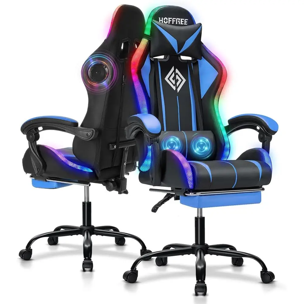 Ergonomic High-Back Gaming Chair with Bluetooth Speakers, RGB Lights, and Lumbar Support - Blue & Black