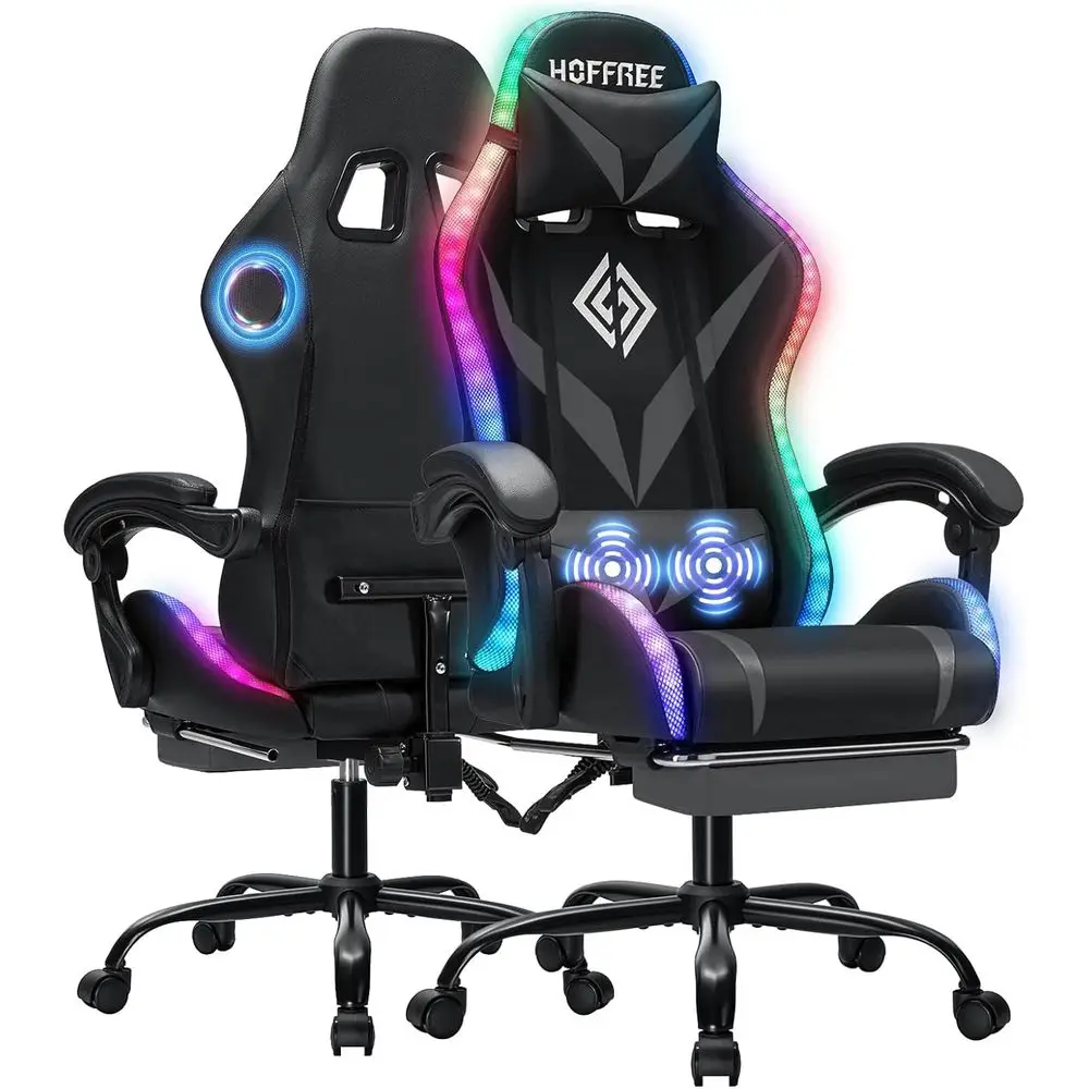 Ergonomic High-Back Gaming Chair with Bluetooth Speakers, RGB Lights, and Lumbar Support in Grey and Black