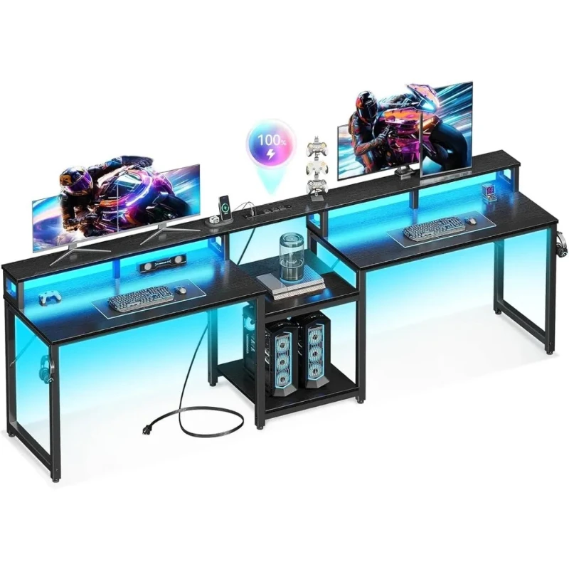 Gaming Desk with Storage Shelves, Long Double Home Office Computer Writing Desks with USB Charging Port & LED Lights,
