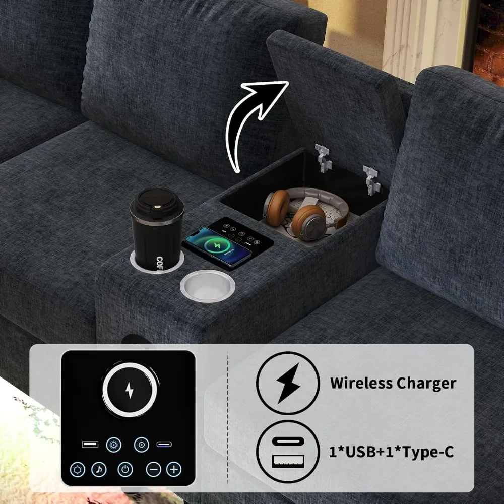 Sectional Couches for Living Room, 6 Seat Sectional Sofa Smart Module-Bluetooth Speaker/RGB Light/Charging Station