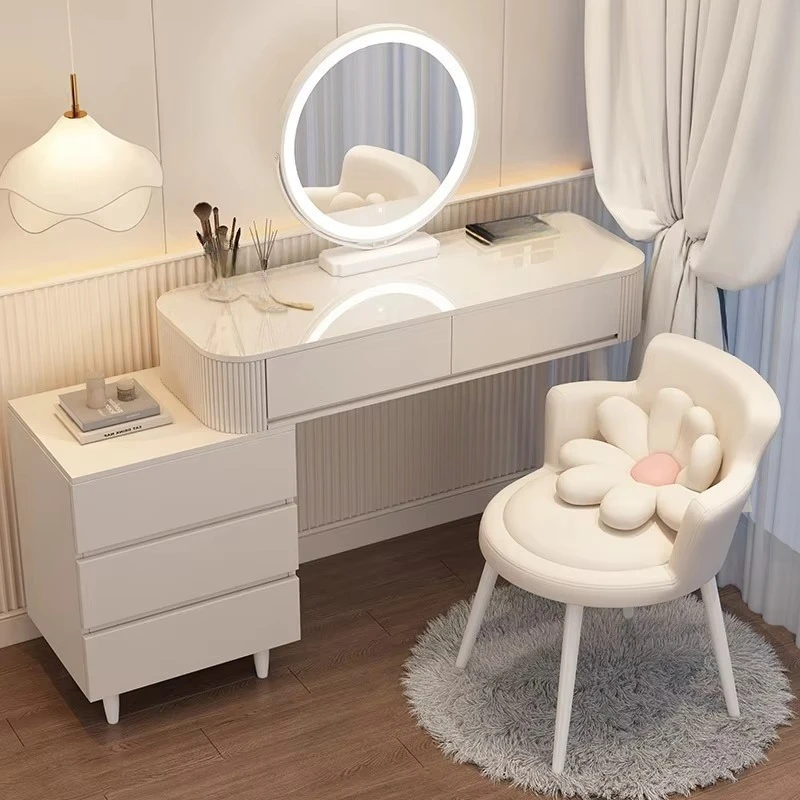 Modern White Vanity Table Set Lighted LED Mirror Bedroom Furniture Storage Smart Bluetooth Makeup Dresser Vanity Dressing