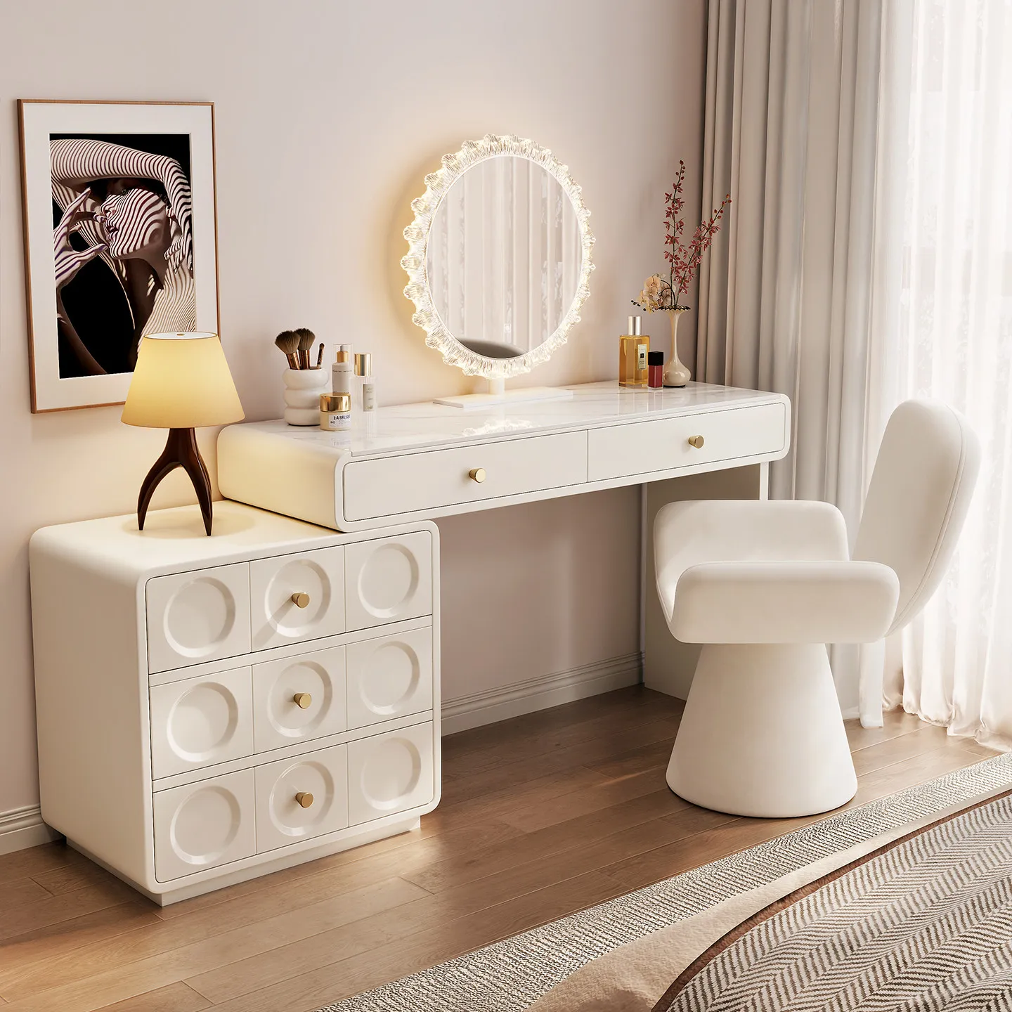 # Bluetooth Speaker Modern Dresser Chest Extendable Bedroom Lighted Mirror Vanity Makeup Dressing Table Small Space