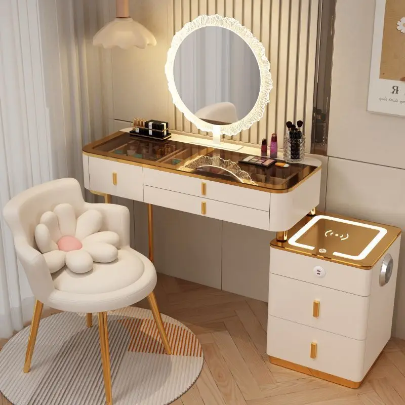 Smart Dressing Table Wireless Charging Makeup Vanity Table Mirror Bluetooth Speaker Wood Multifunction Bedroom Vanity Furniture