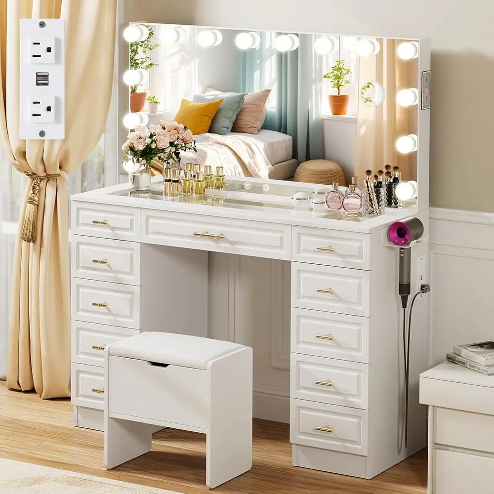 Lighted Mirror Vanity Desk with Glass Top, Bluetooth Speaker, 14 LED Lights, 3 Color Options, Adjustable Brightness, Makeup Tabl