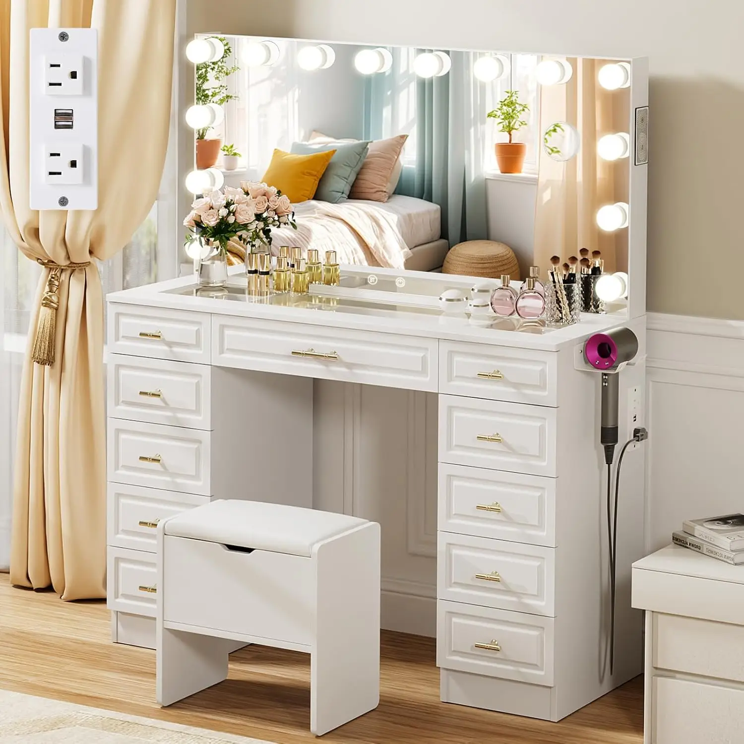 Vanity with Lighted Mirror - Glass Top Makeup Vanity Desk w/Bluetooth Speaker, 14 Lights and 11
