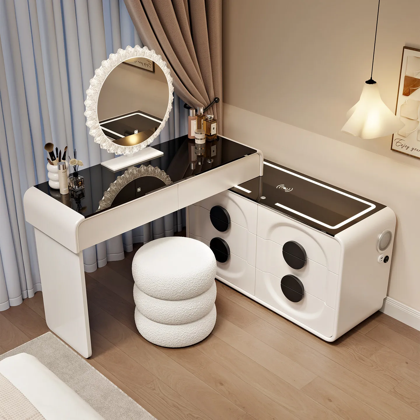 # Bluetooth Speaker Modern Dresser Chest Extendable Bedroom Lighted Mirror Vanity Makeup Dressing Table Small Space