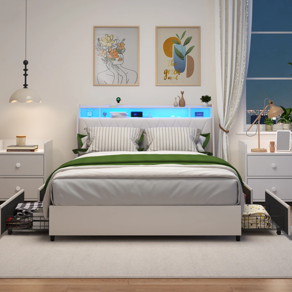 Queen Bed Frame: Ergonomic Headboard, Outlets, Charger, LED Light, Storage Shelf - Noise-Free, No Box Spring