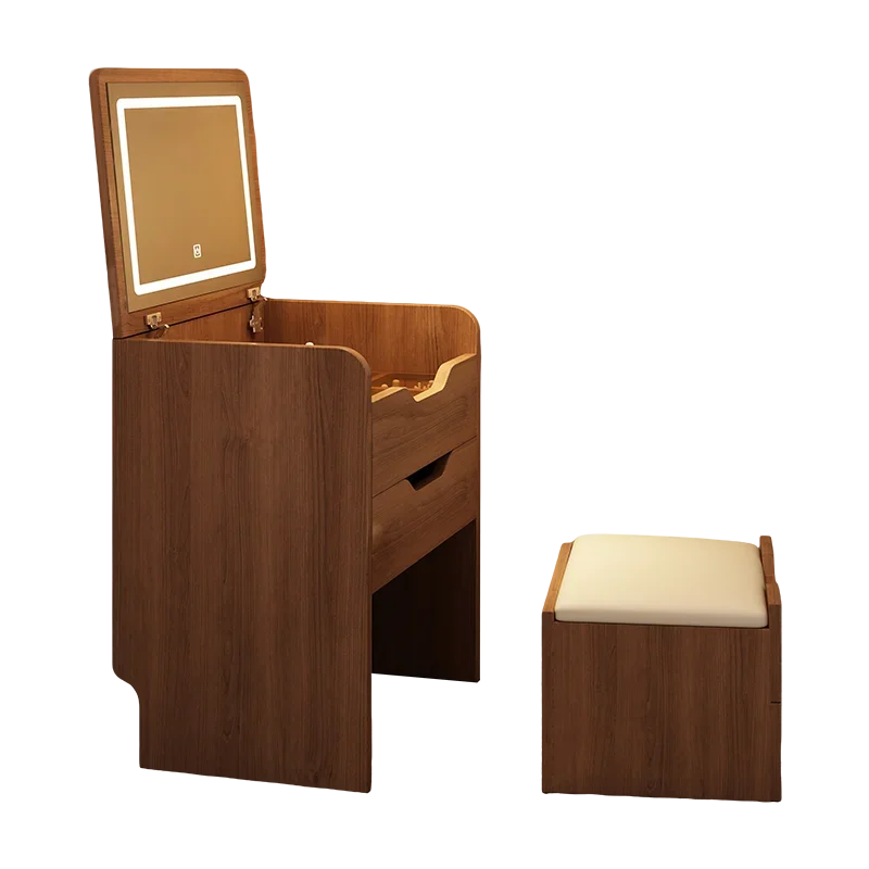 H Foldable Wooden White Walnut LED Makeup Vanity Dressing Table With Mirror For Girls