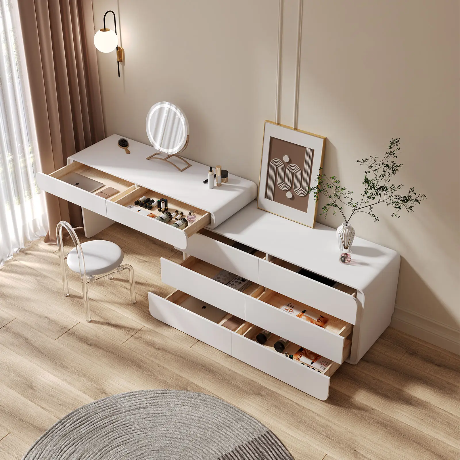 ！@Modern White Foldable Study Desk Bookshelf Cabinet Durable Computer Table Drawers for Bedroom Home Office Dressing/Makeup Tabl