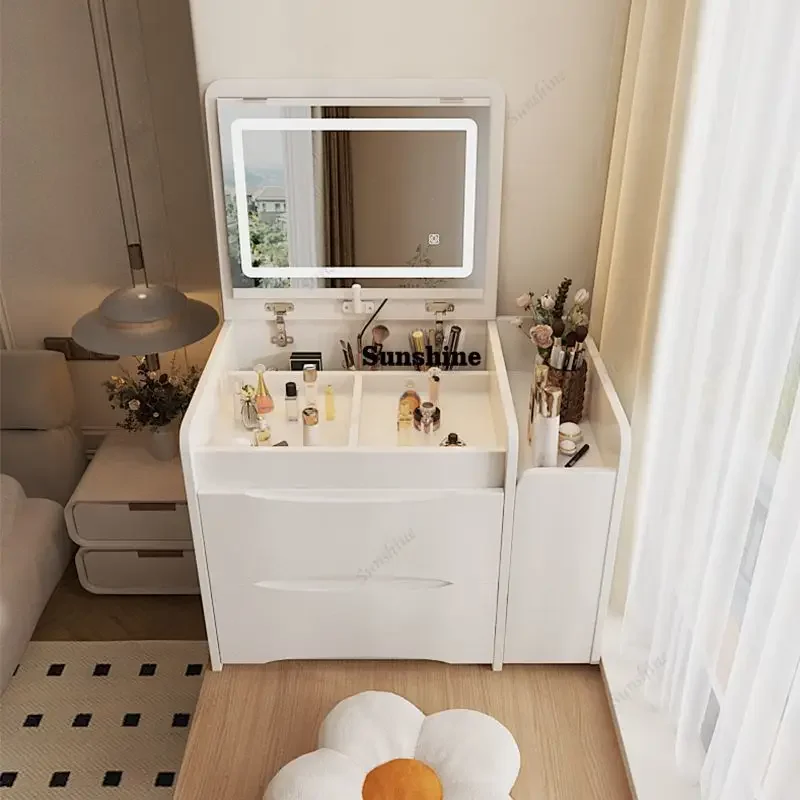 Foldable & Flip-Top White Makeup Desk with Mirror | Space-Saving Design for Small Bedrooms | Multifunctional Vanity Table  FT