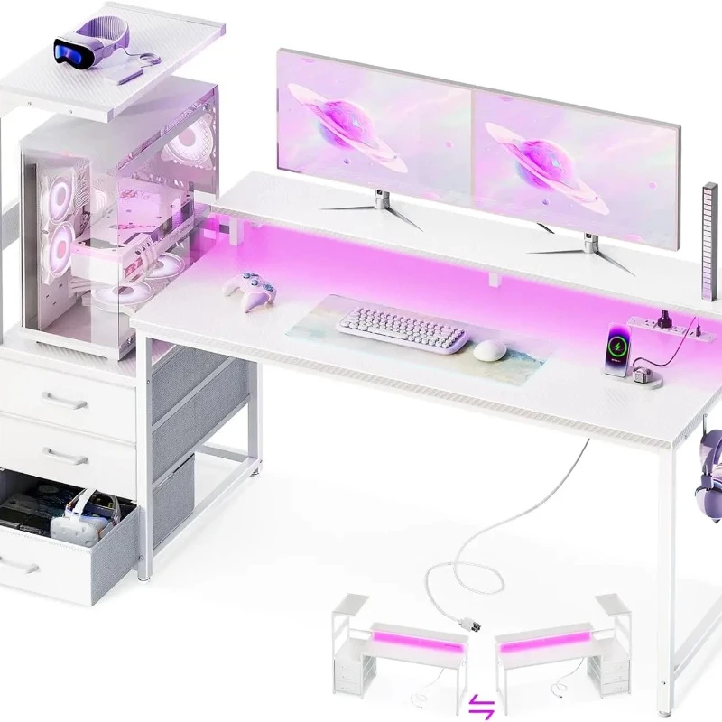 59 Inch Gaming Desk with USB Charging Ports & LED Light - Reversible Computer Desk with 3 Fabric Drawers, Monitor Stand