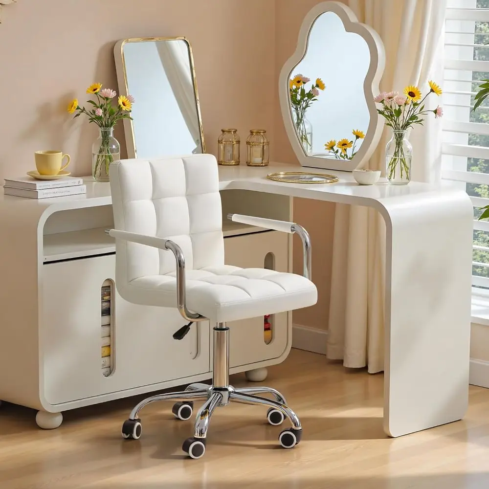 Vanity Oice Chair with Wheels, Makeup PU Leather Executive Chair ern Adjustable Home Desk Retro Comortable Work Chair 360 Degree