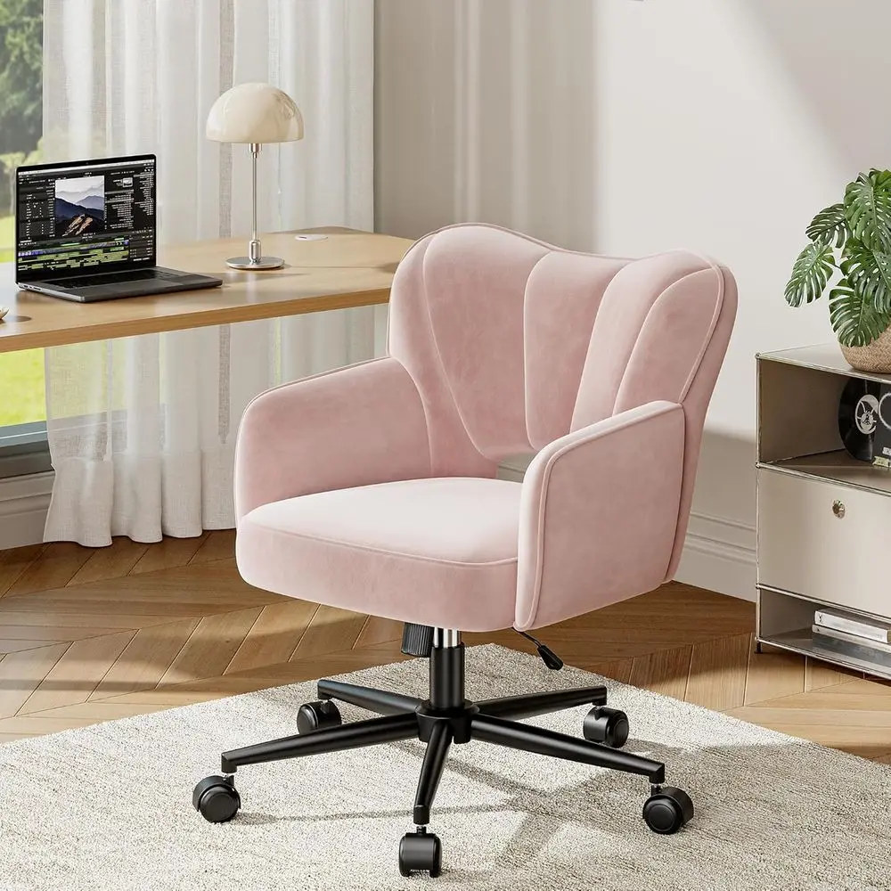 Vanity Chair with Wheels & Back,Pink Vanity Chair Adjustable Height Comy Desk Chairs or Makeup, Work & Relaxation，Pink