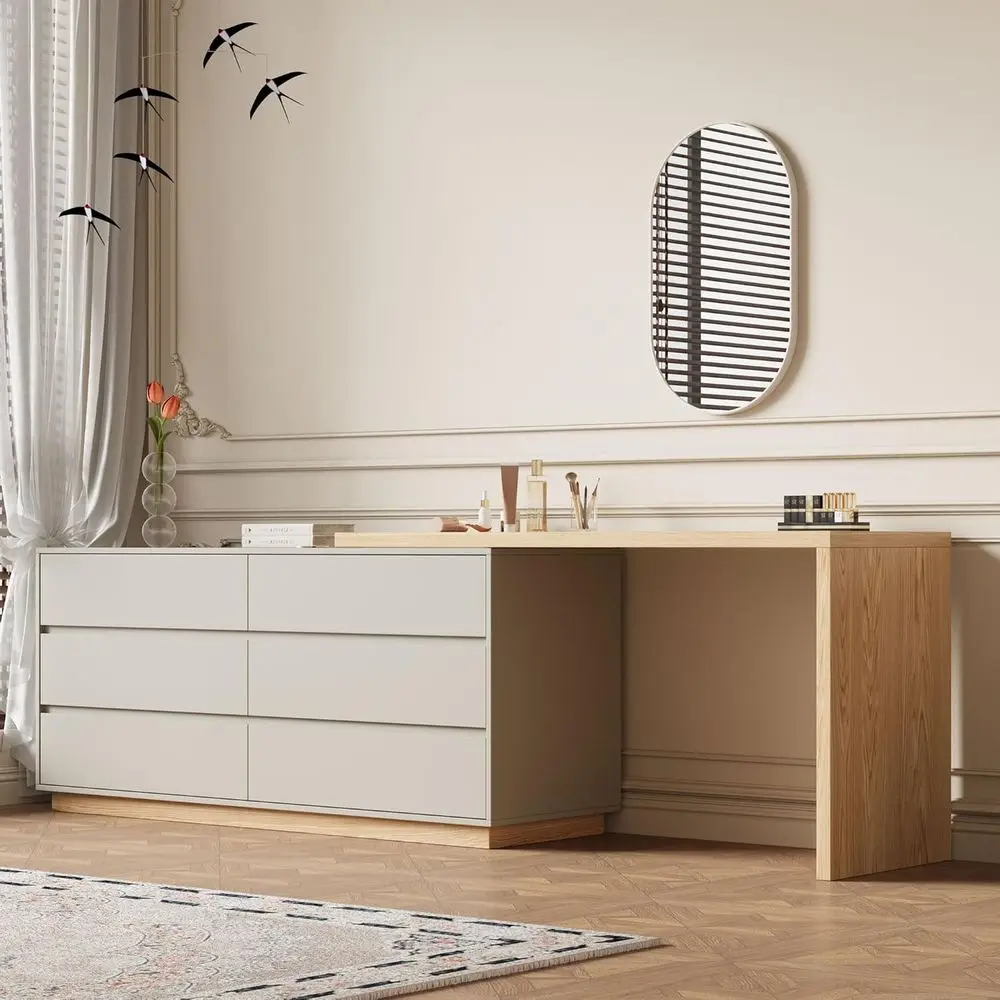 Expandable L-Shaped Desk with 6 Drawers, Adjustable for Home Office, Study, Gaming, Makeup, Beige, 56-98.5
