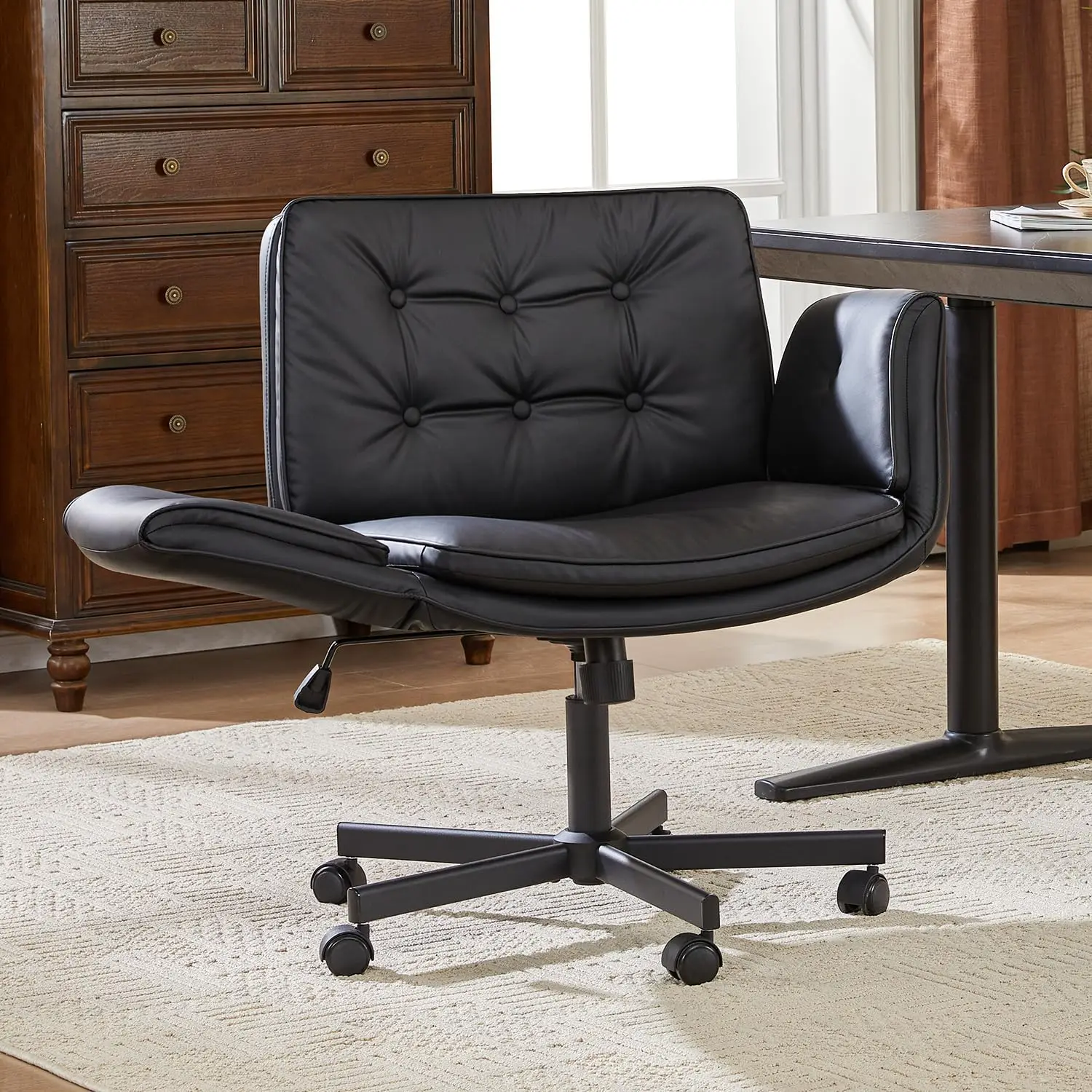 Armrest Swivel Chair, PU Leather Office Desk Chair with Wheels, Adjustable Computer Chair for Home, Makeup, Bedroom (Black