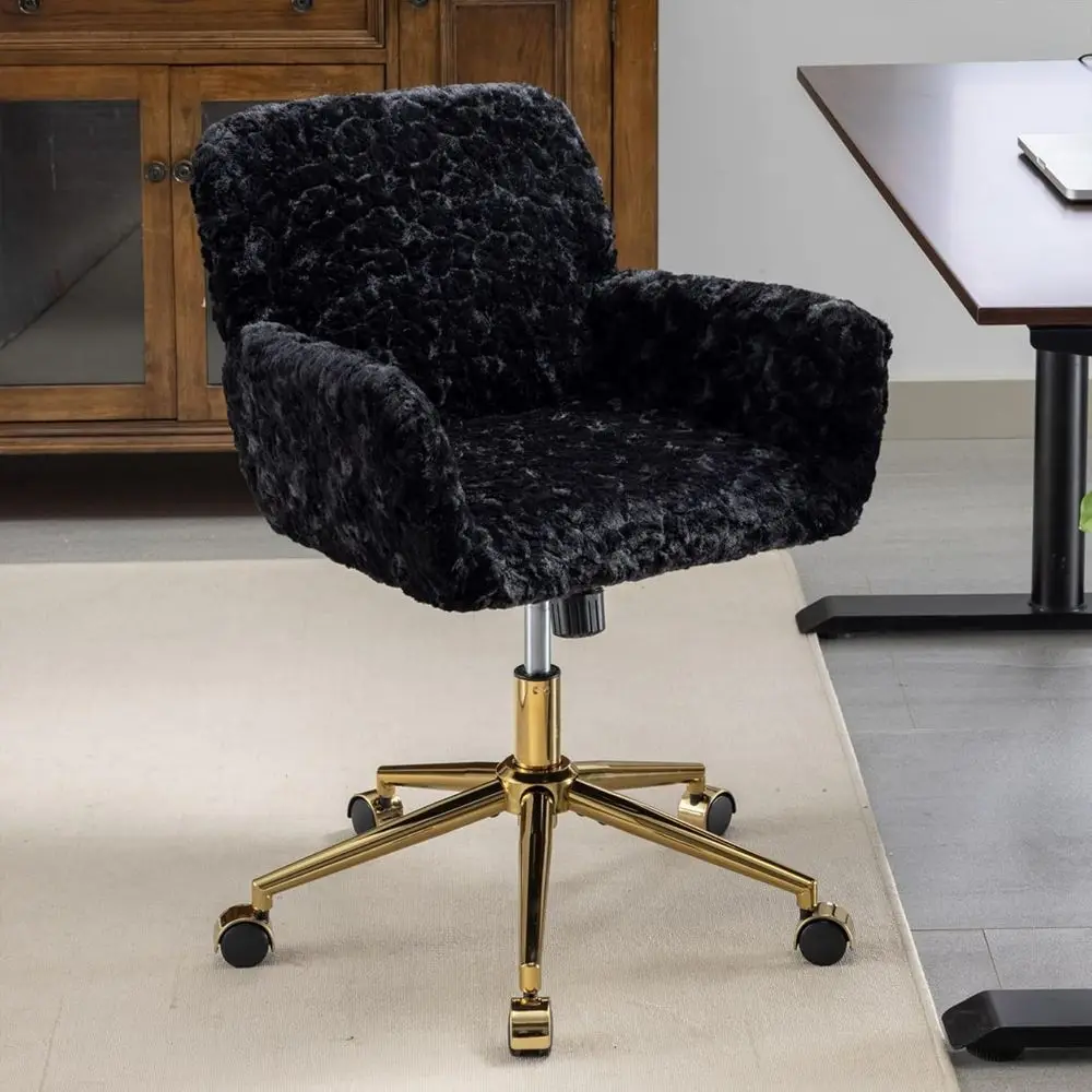 Cute Vantiy Desk Chair Comy, Sherpa Makeup Vanty Chair with Back and Rolling Wheels or Bedroom Home Oice,Adjustable High Gold ee