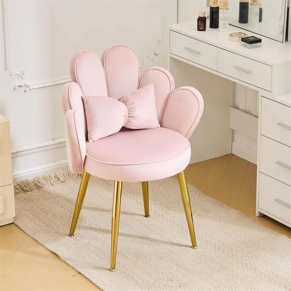 Pink Velvet Makeup Vanity Chair with Adjustable Gold Legs and Bow Pillow for Home Office or Bedroom