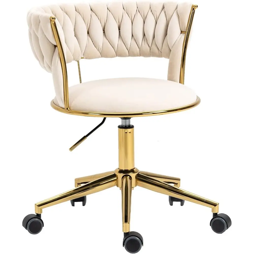 Velvet Oice Desk Chair with Hand Woven Backrest, 360° Swivel & Height Adjustable Task Chairs, Makeup Chair, Living Room Chairs w