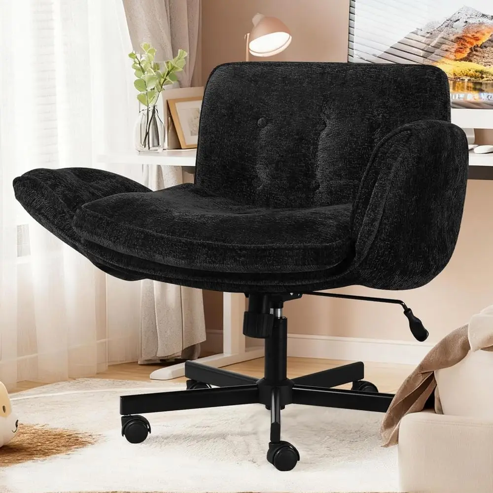 Adjustable Swivel Vanity Chair with Wheels, Arms, and Chenille Legs for Home, Makeup, Bedroom, or Office (Black)