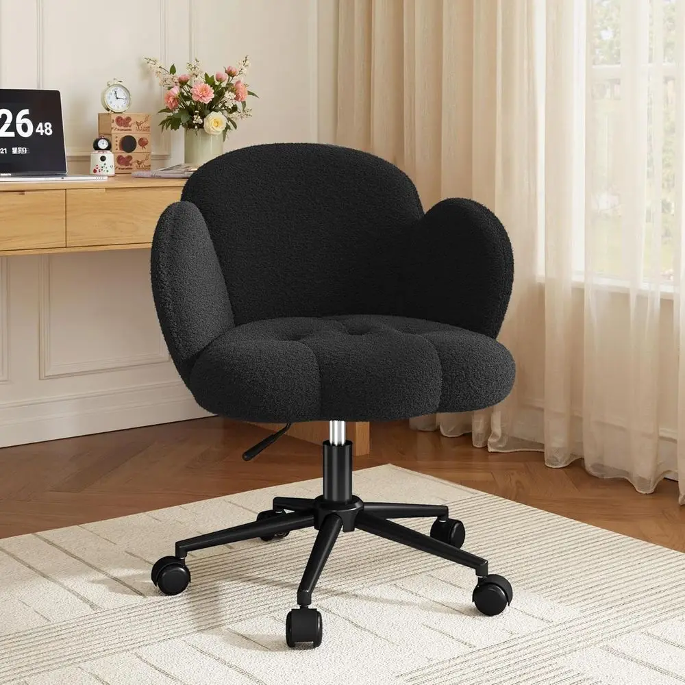 Adjustable Height Upholstered Office & Home Chair with Wheels and Back Support for Computer, Makeup, and Relaxation in Black