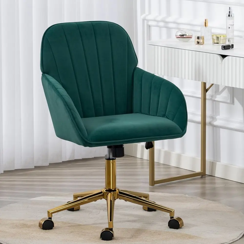 Home Oice Chair, Velvet ern Makeup Vanity Chair with Gold Metal Base and Wheels, Height Adjustable Swivel Desk Chair or Living
