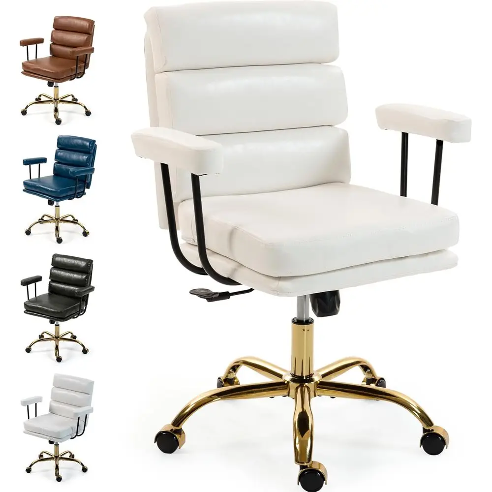 aux Leather Home Oice Desk Chair, Gold Base Makeup Vanity Chair with Wheels, Padded Seat and Armrests, Adjustable Height Swivel