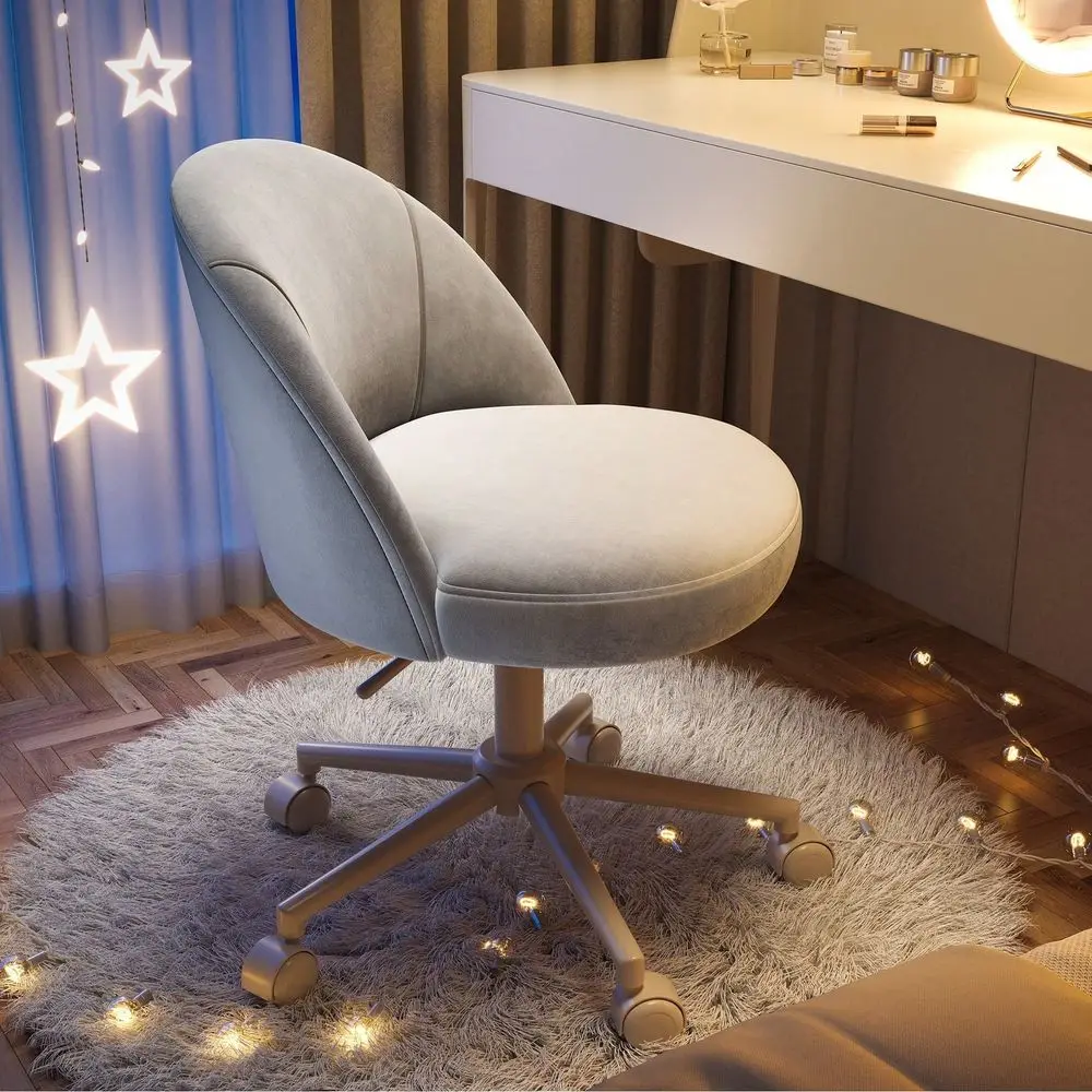 Chair With Wheels Velvet Swivel Desk Chair Adjustable Height Armless Small Office Chair With Lumbar Support For Makeup Room, Be